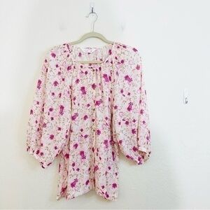 LC Lauren Conrad Round Neck Button Down Floral Blouse Women Size XXL Pink/White